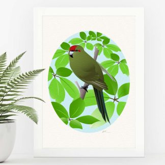 Kakariki art print in a white frame