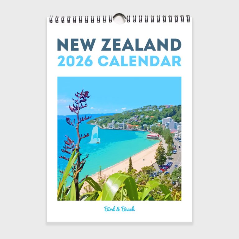 Front cover of the Bird and Beach New Zealand landscape Calendar for 2026, featuring an illustration of Oriental Bay in Wellington.