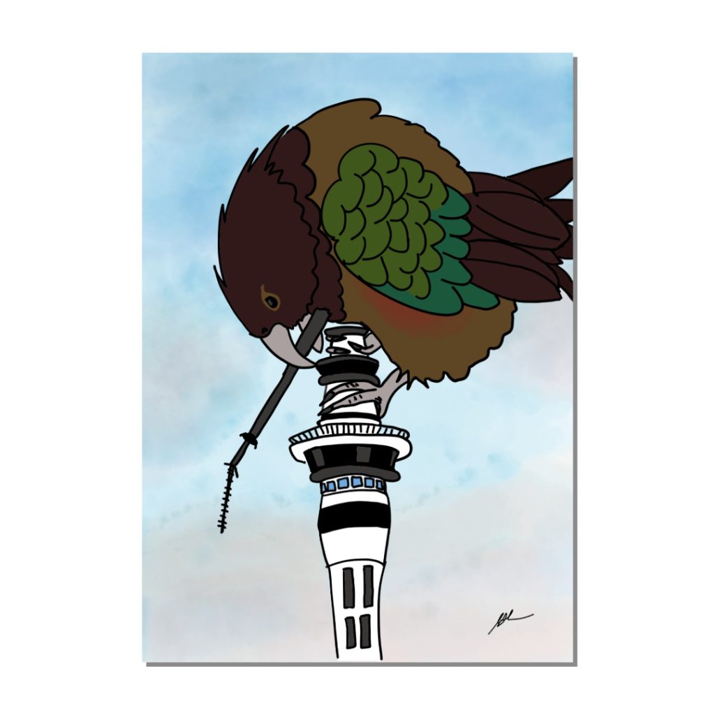 Unframed illustration of a giant kea dismantling the aerial from the top of the Sky Tower.