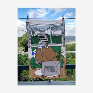 An illustration of a rotund kiwi lying on the couch, remote in hand, snuggled up with a kitty watching telly, with Avalon studios visible through the window in the background. The tea towel is displayed hanging on a line over looking the same hills that are in the background of the tea towel.