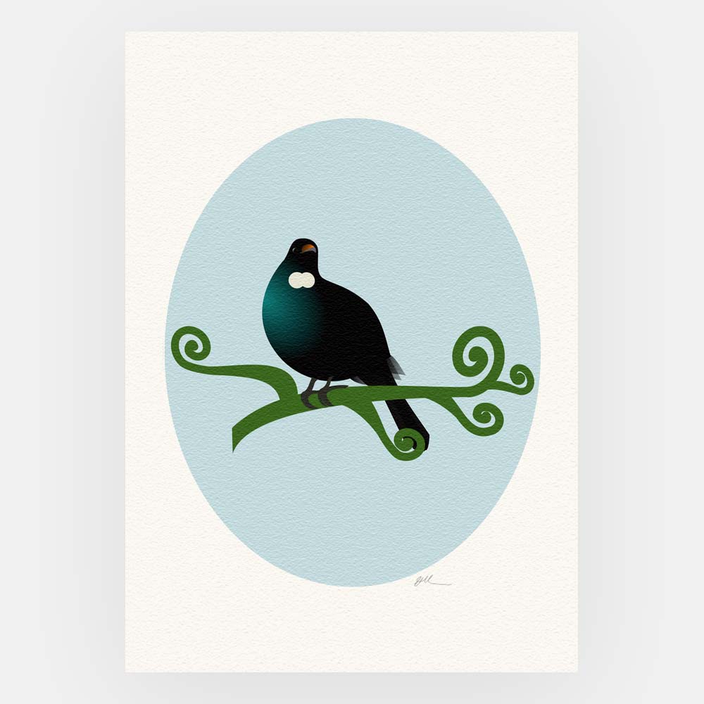 Unframed illustration of a tūī sitting on a mamaku fern frond, set against an oval of sky blue as the background.