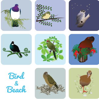 Image showing all 8 native bird coaster designs along with the Bird and Beach logo.