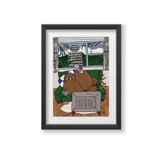 Kiwi on the Couch illustration in a black frame with a white mat.