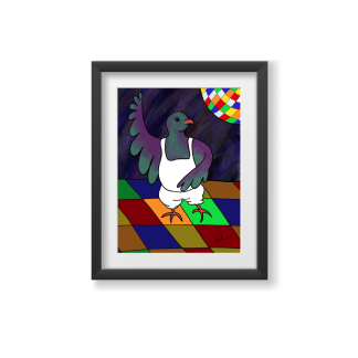 Disco-dancing Kererū print in a black frame with a white mat.