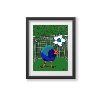 Soccer goalie takahē print in a black frame with a white mat.