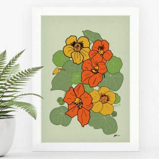 Nasturtium print in a white frame.