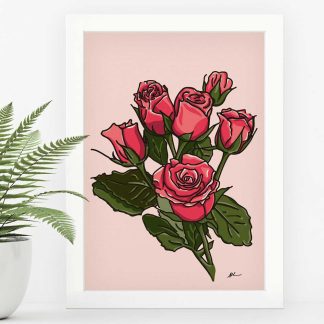 Pink roses print in a white frame.