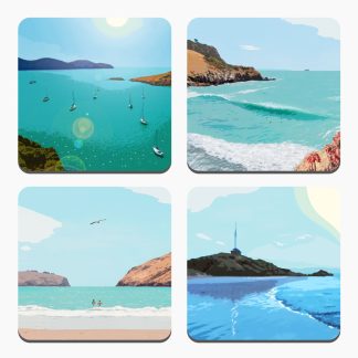 Set of four coasters featuring illustrations of Christchurch beaches.