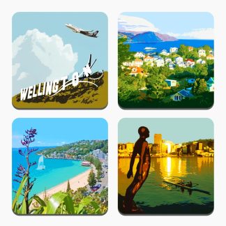 Set of four coasters featuring illustrations of local Wellington scenes.