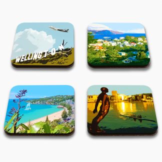 Set of four coasters featuring illustrations of local Wellington scenes.
