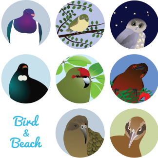 8 Native bird circular head shot images with the Bird and Beach logo.