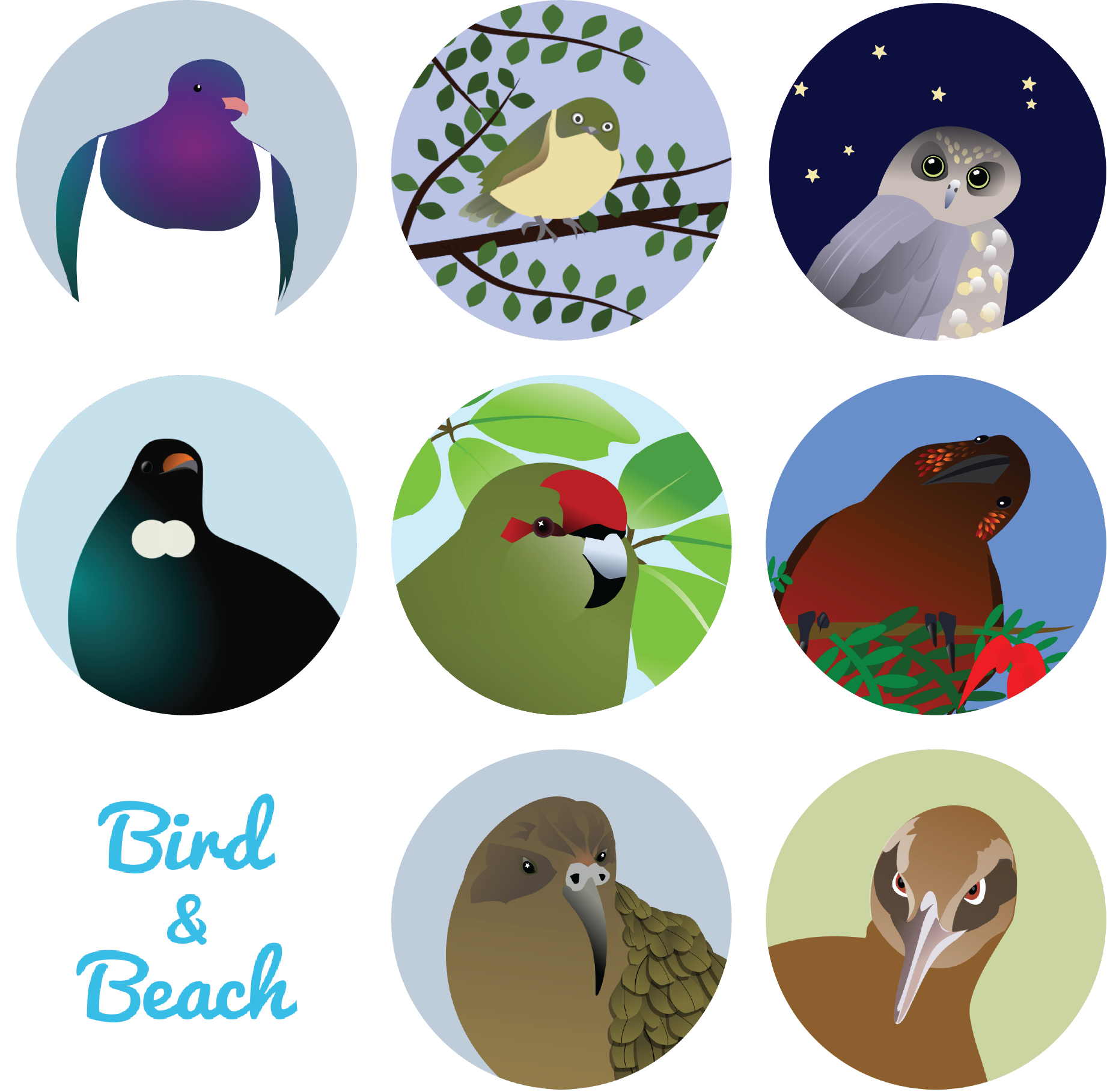 8 Native bird circular head shot images with the Bird and Beach logo.