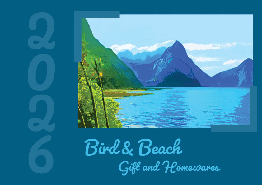 Front page of the 2026 Bird and Beach Gift and homeswares wholesale catalogue features an Illustration of Milford Sound by Ryan Nielson.